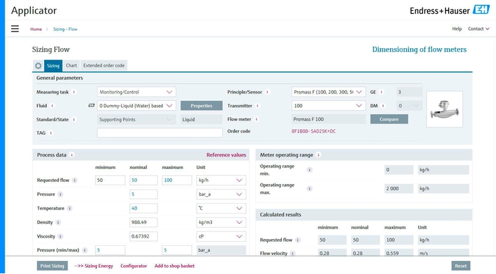 With the process data out of your engineering software we size the instruments. Screenshot of the Applicator for instrument sizing.