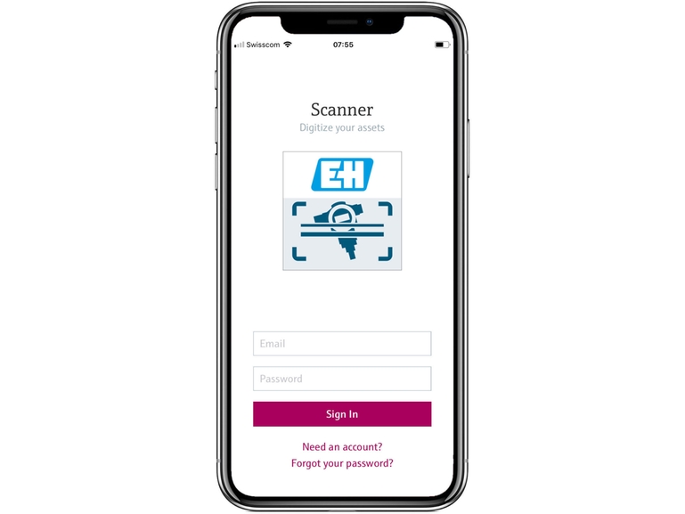 Download our Scanner App for free and create ditigal twins of your installed base The Netilion Scanner App for creating digital twins, opened on an iPhone
